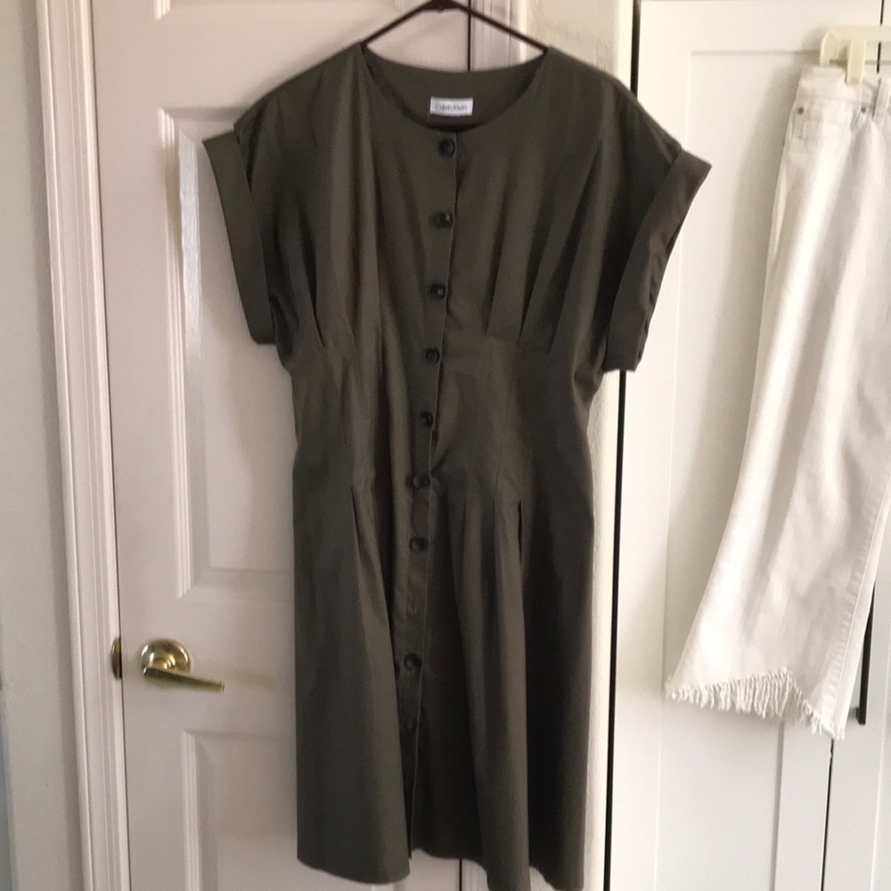 Calvin Klein Olive Green Button-Front Midi Dress